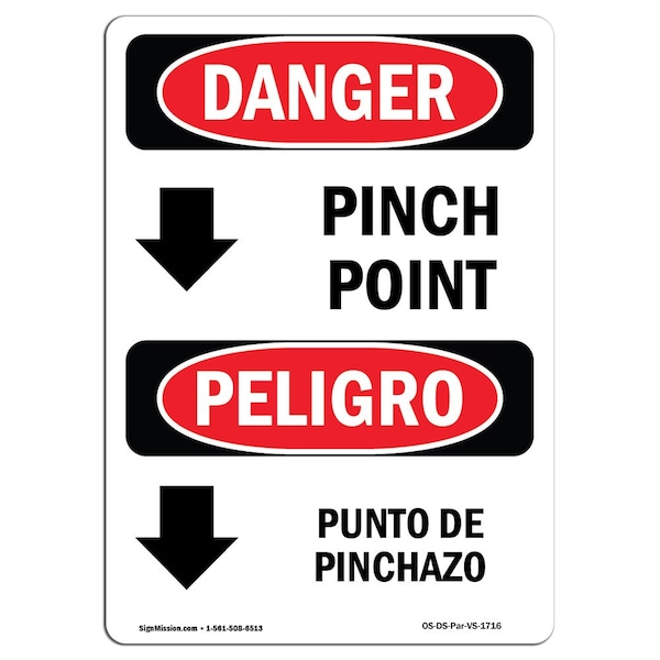 OSHA, Pinch Point Bilingual, 24in X 18in Rigid Plastic, 18" W, 24" L, Spanish, OS-DS-P-1824-VS-1716